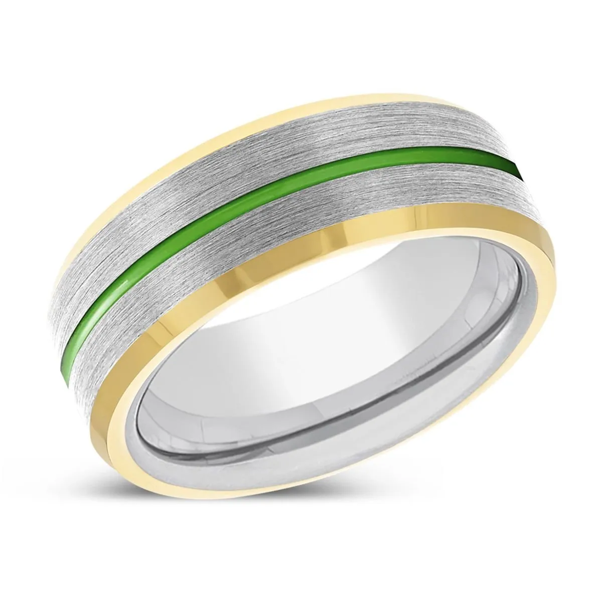 MYSTI | Silver Ring, Silver Tungsten Ring, Green Groove, Gold Beveled Edge