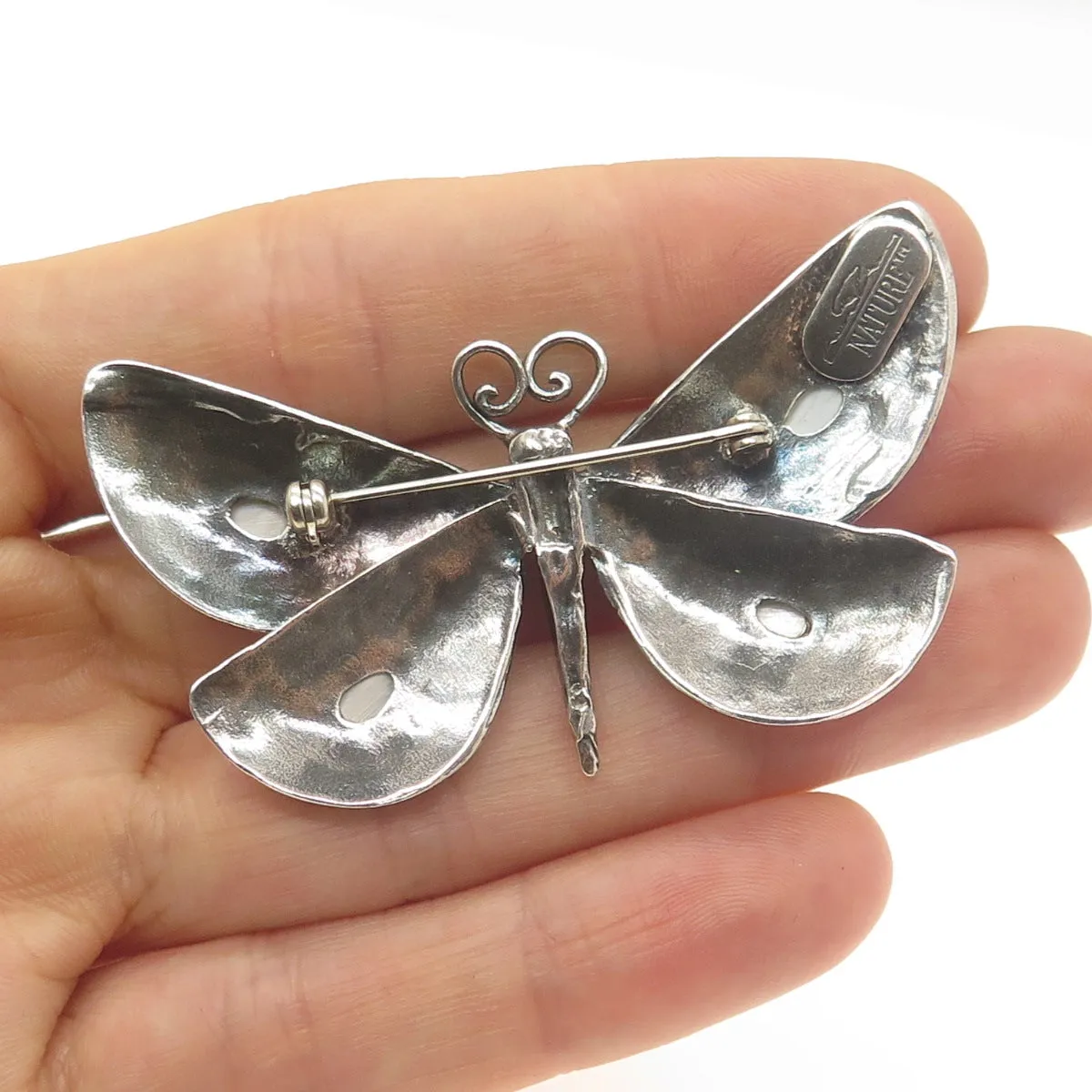 NATURE 925 Sterling Silver Vintage Real Mother-of-Pearl Butterfly Pin Brooch