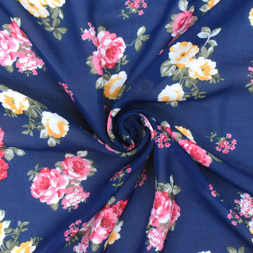 Navy Blue-Pink-Multi Floral Printed Polyester Chiffon Woven Fabric