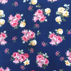Navy Blue-Pink-Multi Floral Printed Polyester Chiffon Woven Fabric