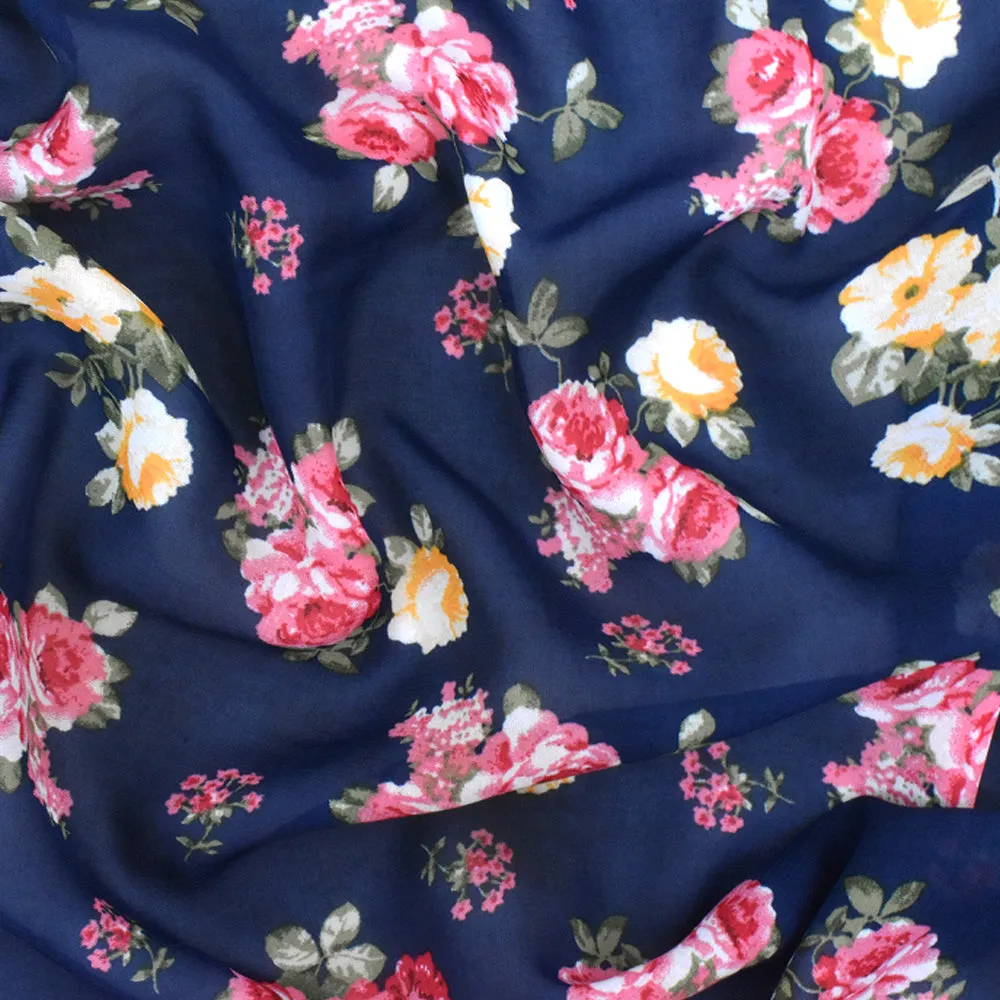 Navy Blue-Pink-Multi Floral Printed Polyester Chiffon Woven Fabric