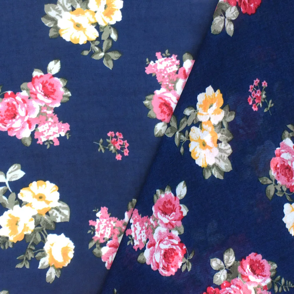 Navy Blue-Pink-Multi Floral Printed Polyester Chiffon Woven Fabric