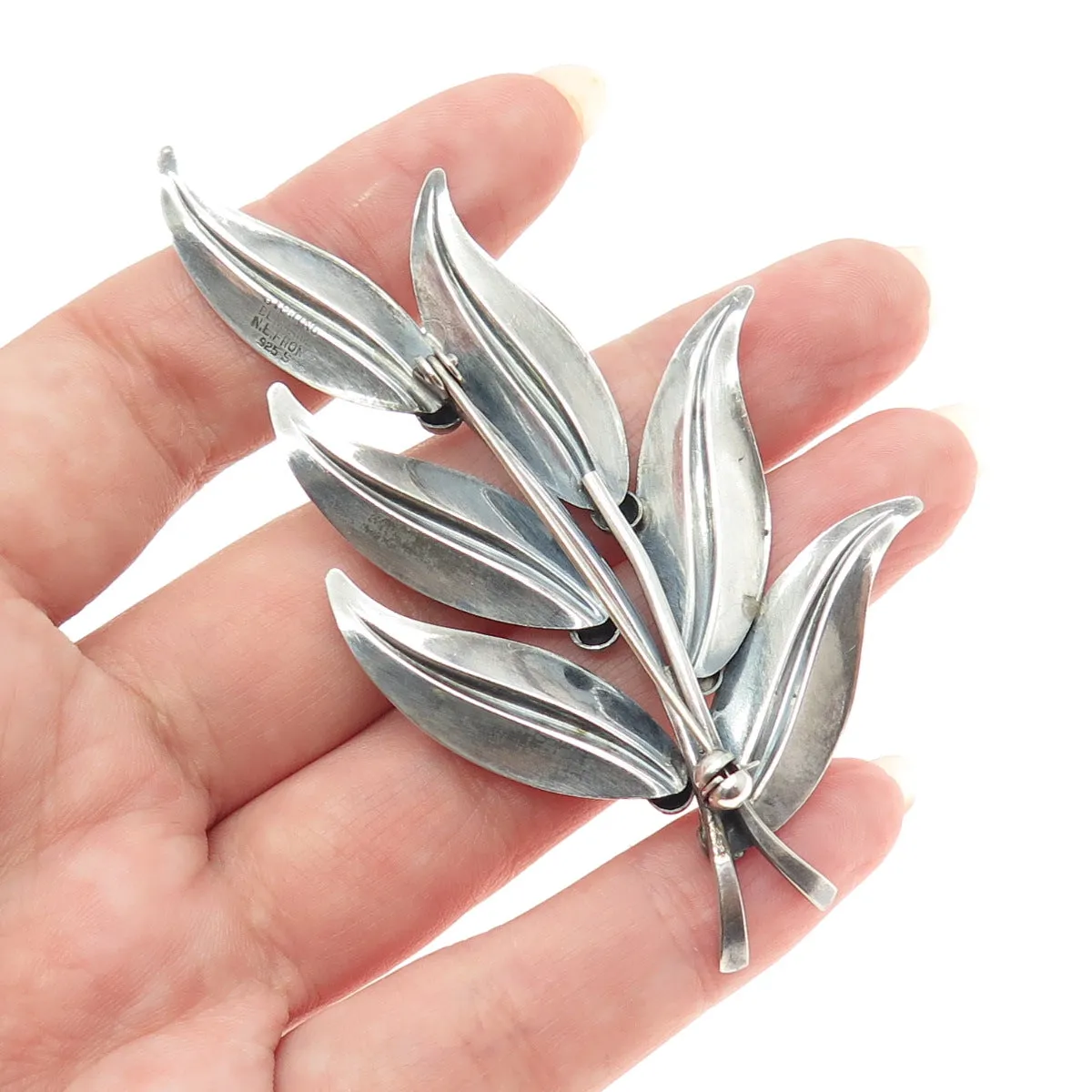 N.E. FROM 925S Sterling Silver Vintage Denmark Laurel Floral Oxidized Pin Brooch