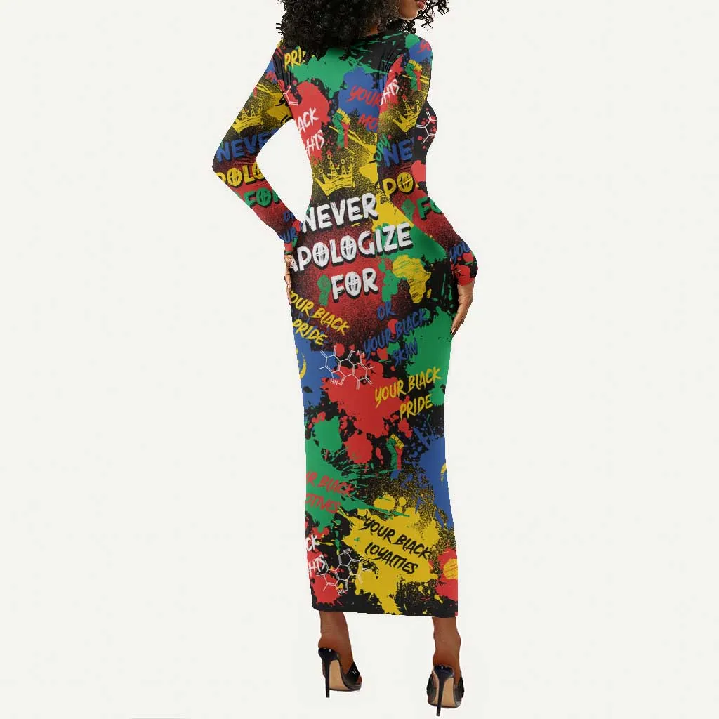 Never Apologize For Being Black Long Sleeve Bodycon Dress DT02