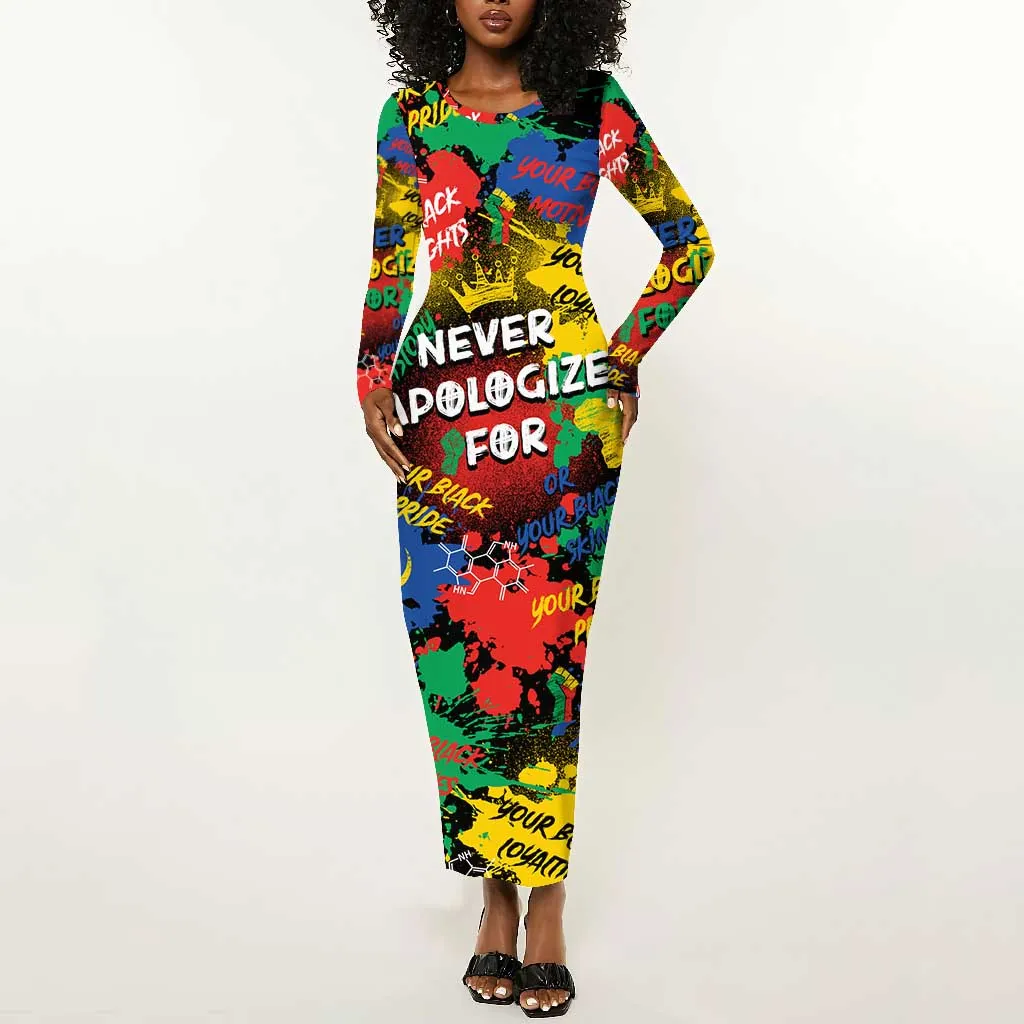 Never Apologize For Being Black Long Sleeve Bodycon Dress DT02