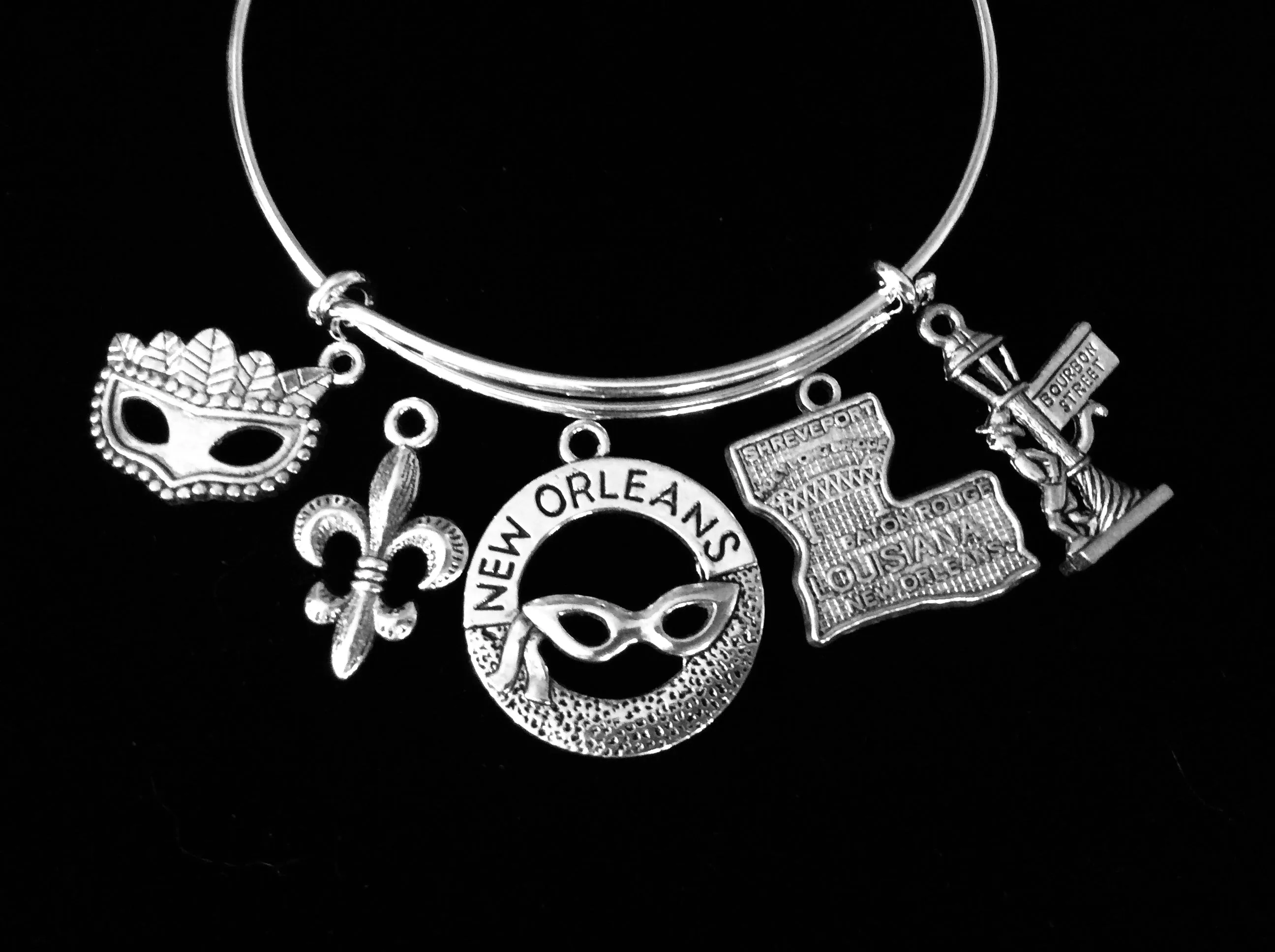 New Orleans Jewelry Louisiana Bourbon Street Fleur De Lis Adjustable Silver Charm Bracelet Expandable Wire Bangle One Size Fits All Gift Trendy Mardi Gras