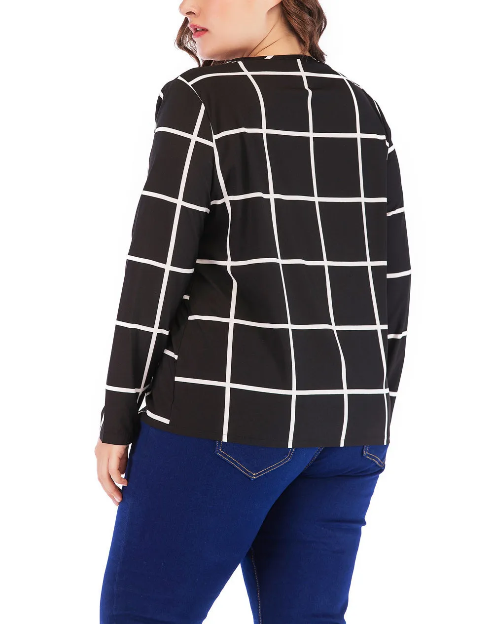 New Plus Size V-neck Plaid Chiffon Loose Long-sleeved T-shirt