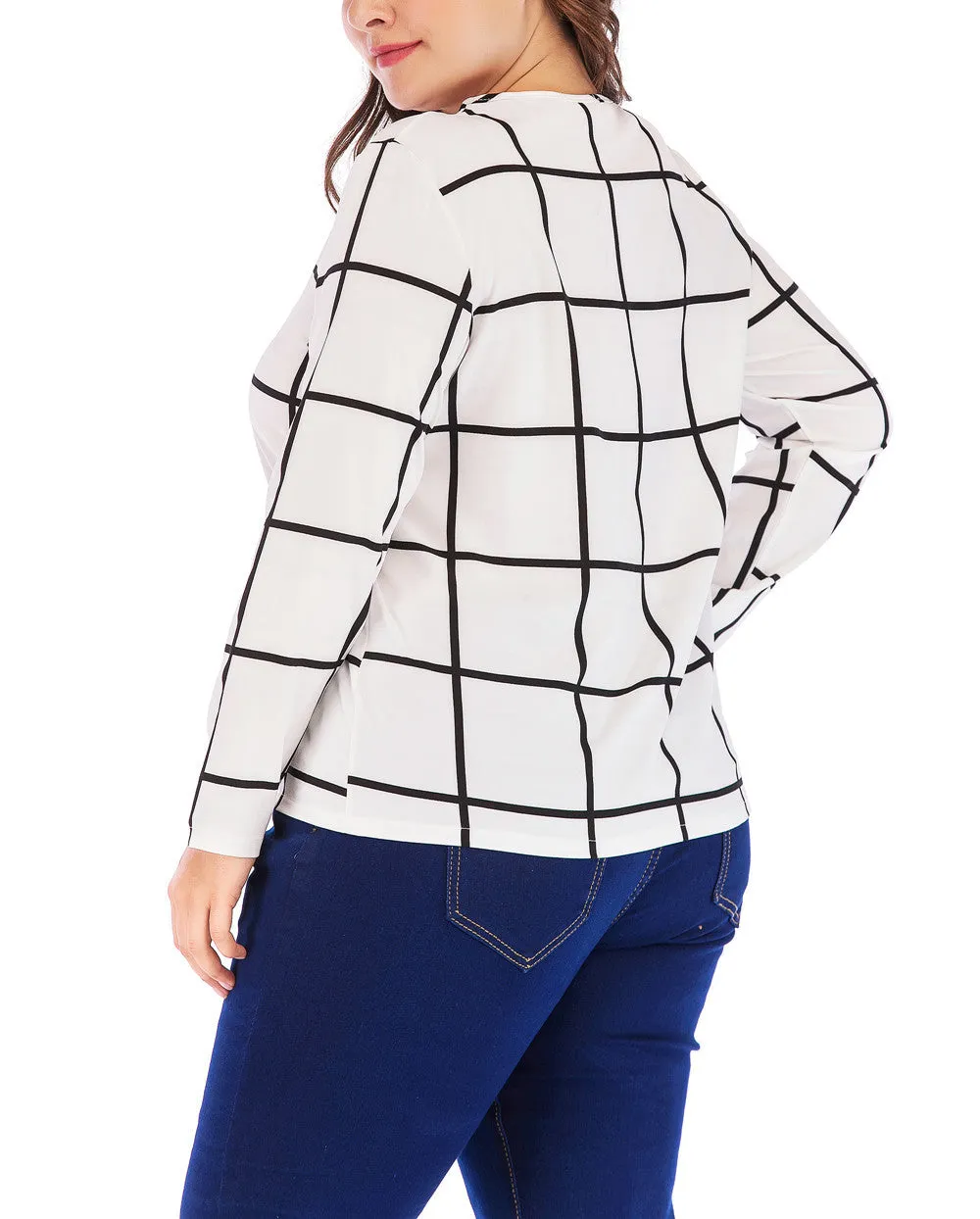 New Plus Size V-neck Plaid Chiffon Loose Long-sleeved T-shirt