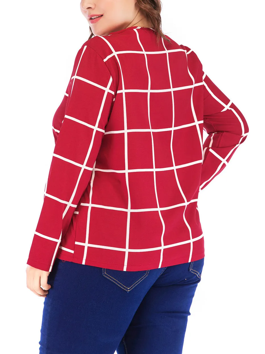 New Plus Size V-neck Plaid Chiffon Loose Long-sleeved T-shirt