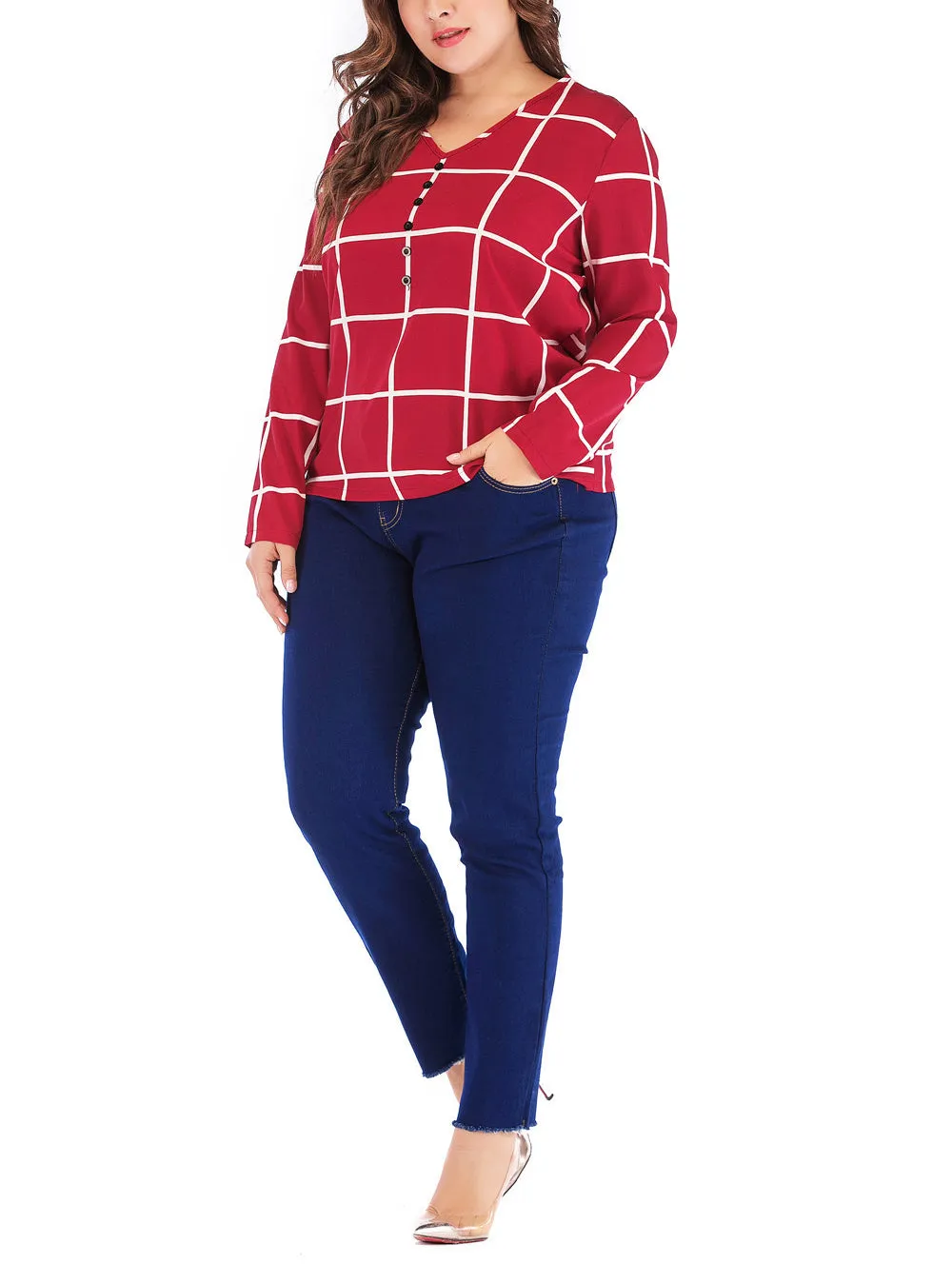 New Plus Size V-neck Plaid Chiffon Loose Long-sleeved T-shirt