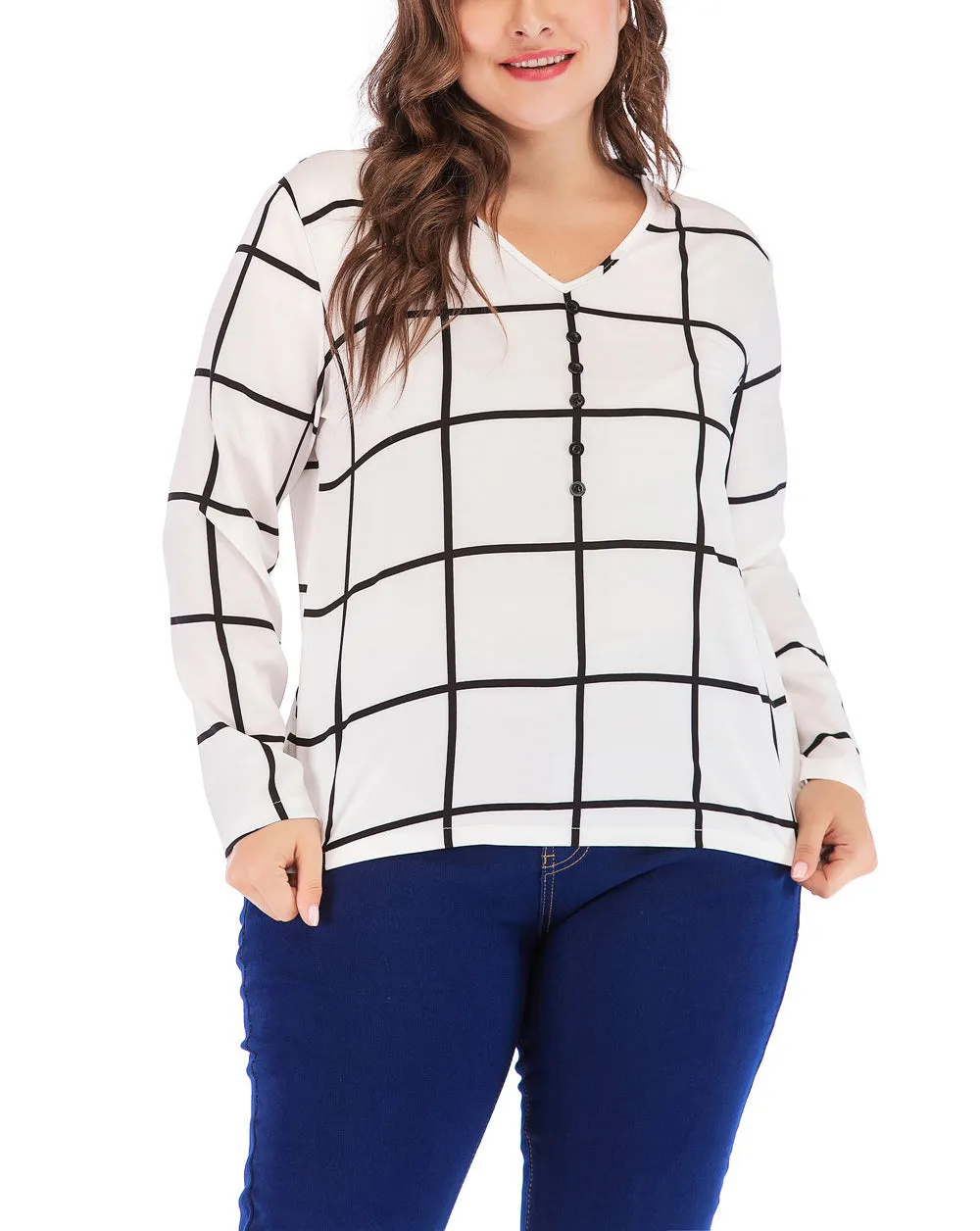 New Plus Size V-neck Plaid Chiffon Loose Long-sleeved T-shirt