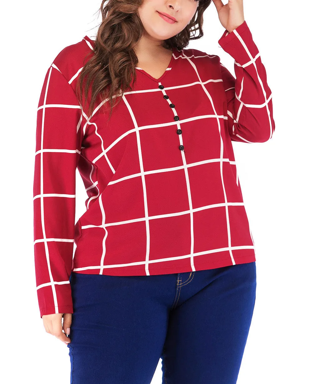 New Plus Size V-neck Plaid Chiffon Loose Long-sleeved T-shirt