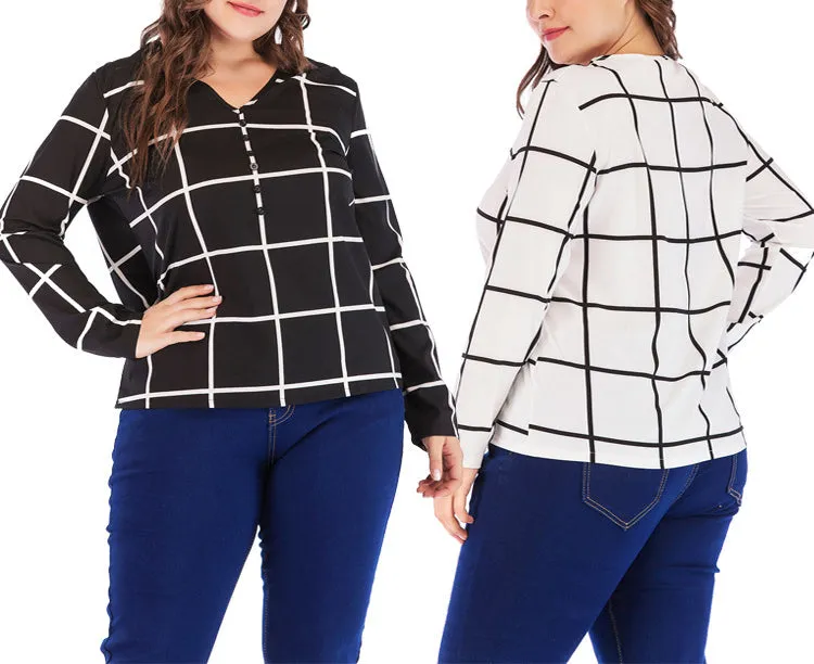 New Plus Size V-neck Plaid Chiffon Loose Long-sleeved T-shirt