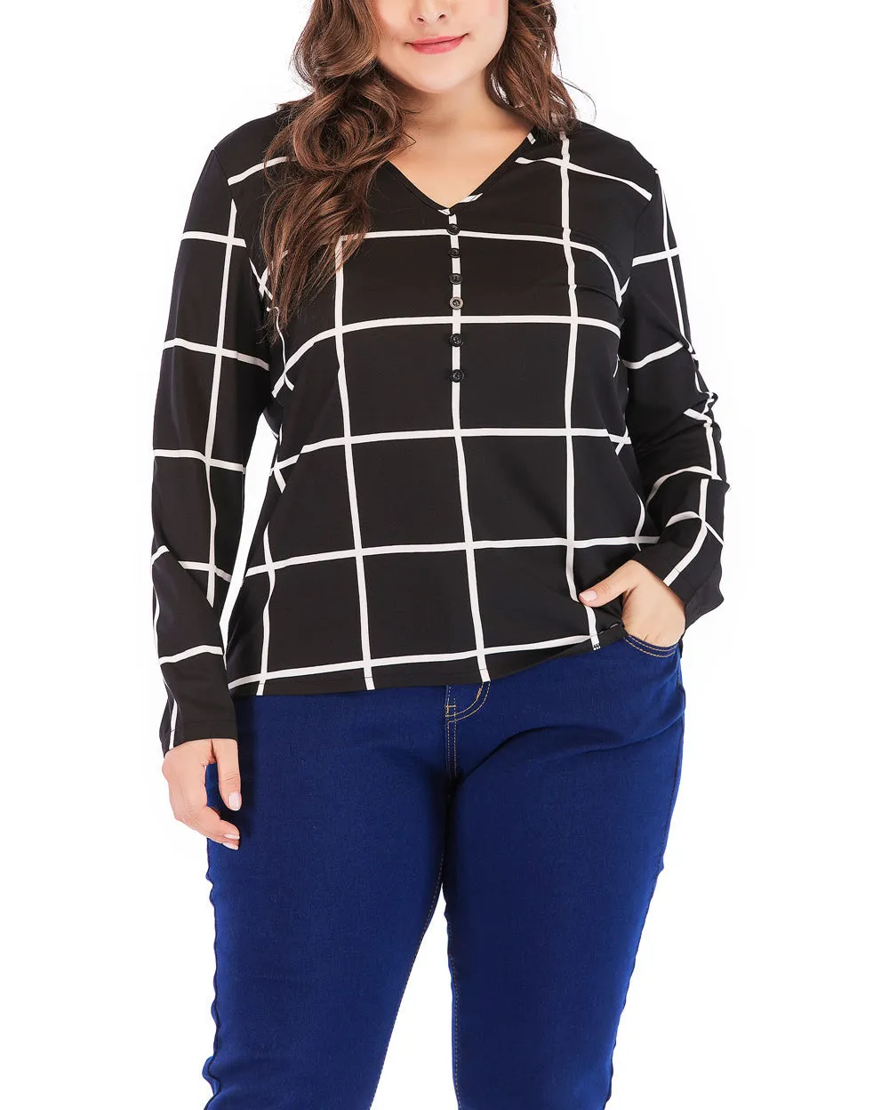New Plus Size V-neck Plaid Chiffon Loose Long-sleeved T-shirt