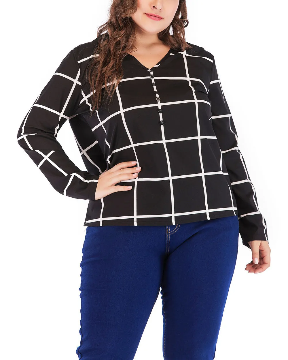 New Plus Size V-neck Plaid Chiffon Loose Long-sleeved T-shirt