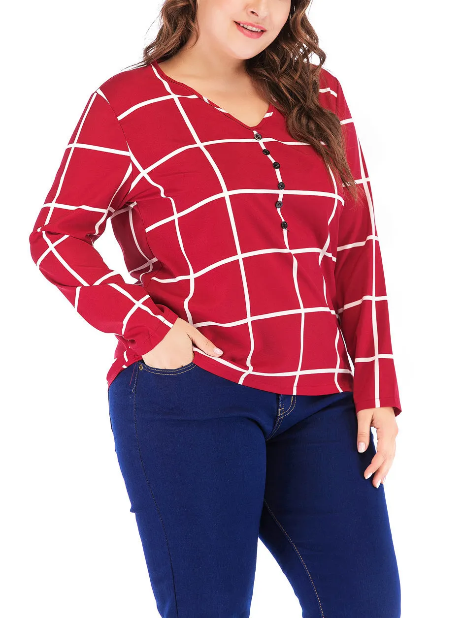 New Plus Size V-neck Plaid Chiffon Loose Long-sleeved T-shirt