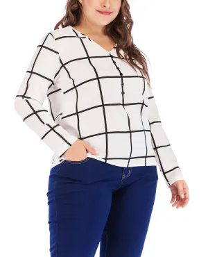 New Plus Size V-neck Plaid Chiffon Loose Long-sleeved T-shirt