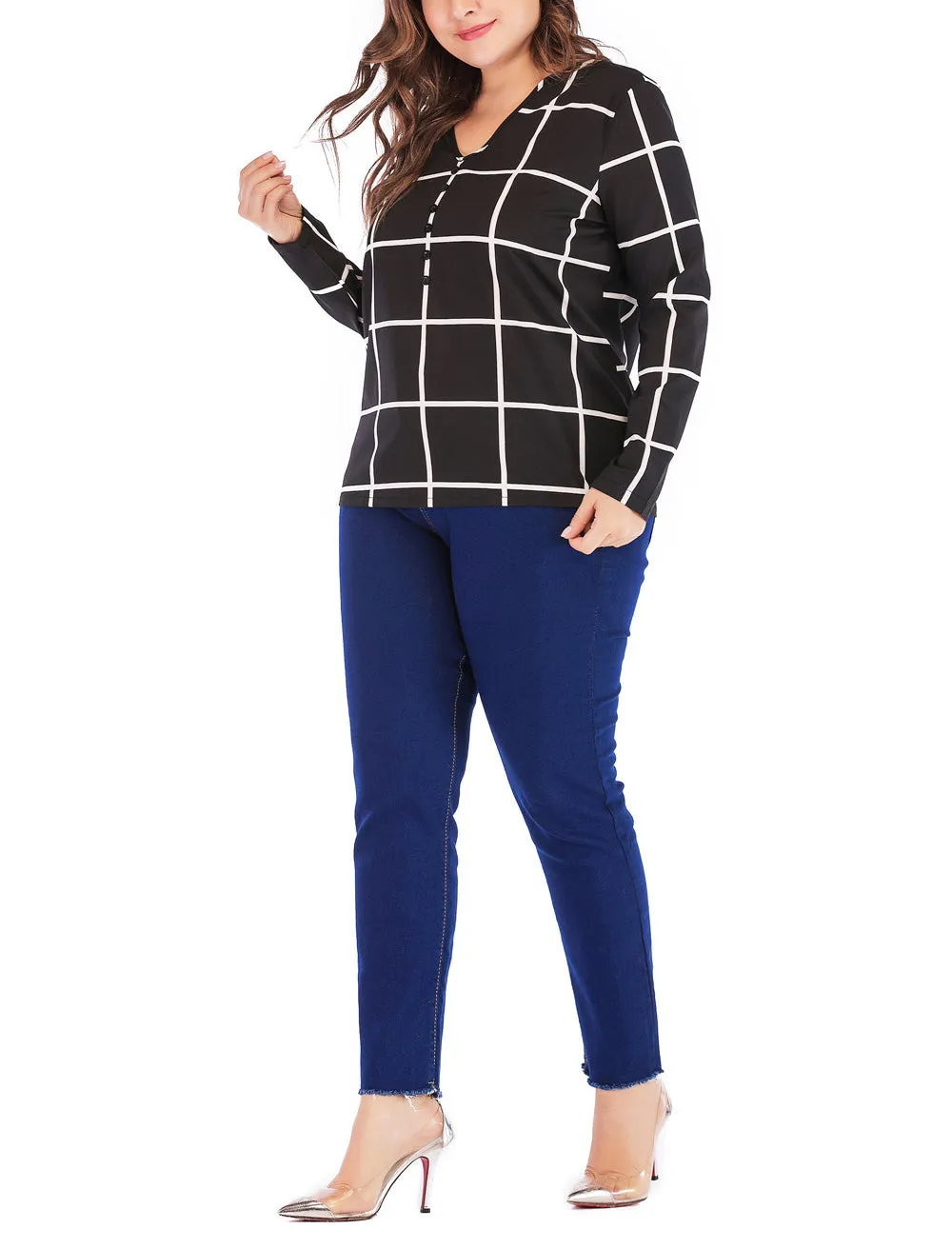 New Plus Size V-neck Plaid Chiffon Loose Long-sleeved T-shirt
