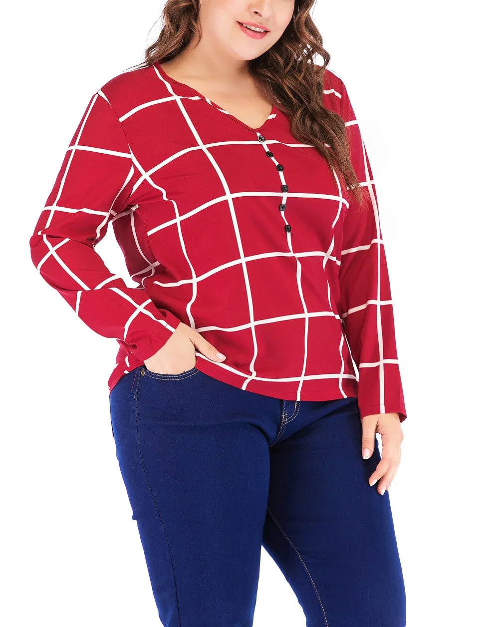 New Plus Size V-neck Plaid Chiffon Loose Long-sleeved T-shirt
