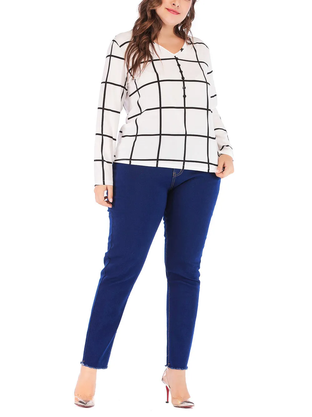 New Plus Size V-neck Plaid Chiffon Loose Long-sleeved T-shirt