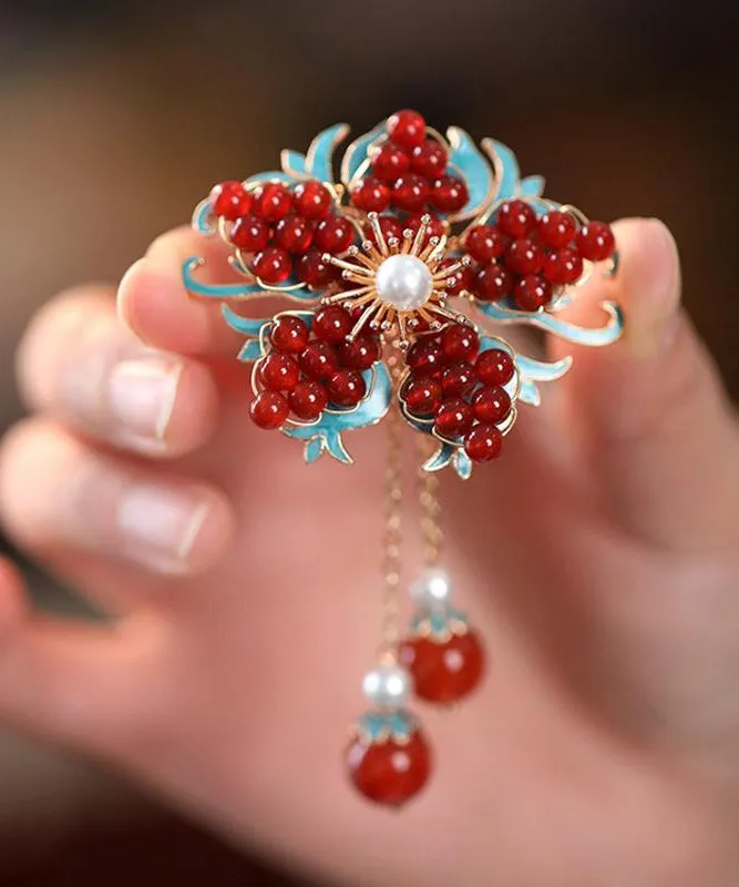 New Red Sterling Silver Overgild Pearl Crystal Tassel Brooches TX045