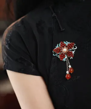 New Red Sterling Silver Overgild Pearl Crystal Tassel Brooches TX045