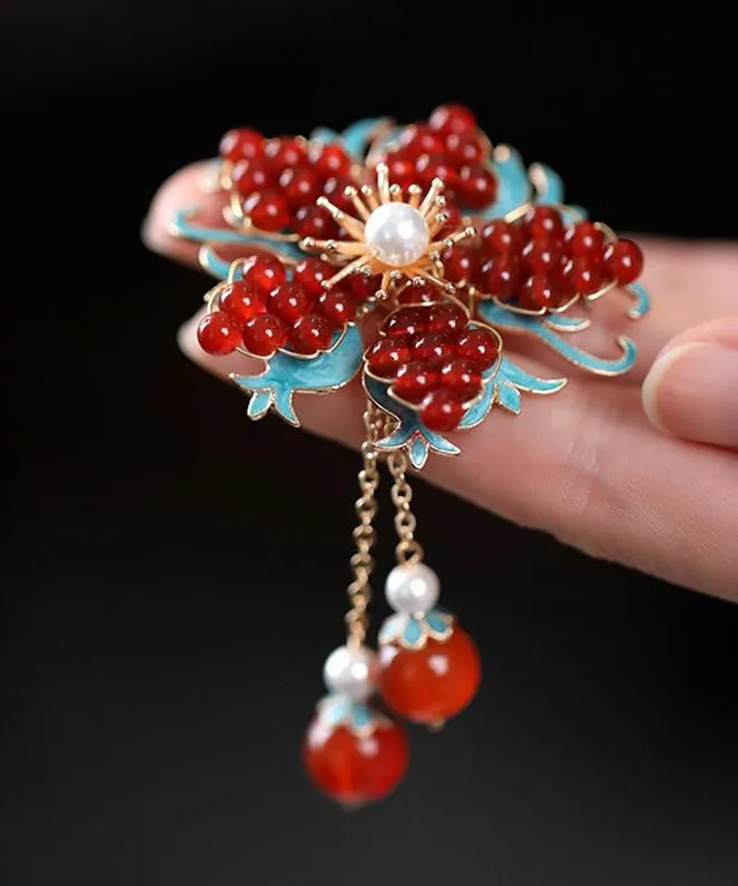 New Red Sterling Silver Overgild Pearl Crystal Tassel Brooches TX045