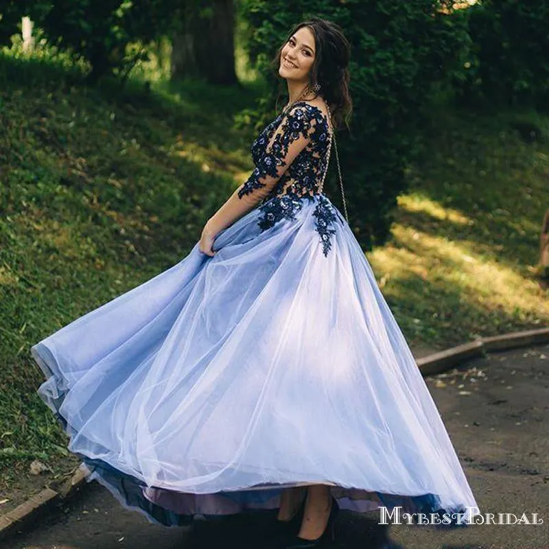 New Sexy A Line Illusion Neckline Long Sleeve Tulle Lace Applique Formal Dresses Evening Prom Dresses, PDS0056
