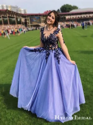New Sexy A Line Illusion Neckline Long Sleeve Tulle Lace Applique Formal Dresses Evening Prom Dresses, PDS0056