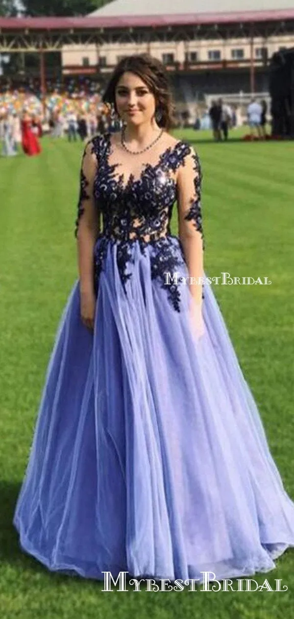 New Sexy A Line Illusion Neckline Long Sleeve Tulle Lace Applique Formal Dresses Evening Prom Dresses, PDS0056