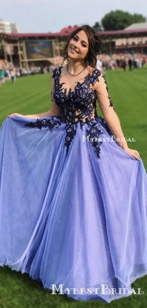 New Sexy A Line Illusion Neckline Long Sleeve Tulle Lace Applique Formal Dresses Evening Prom Dresses, PDS0056