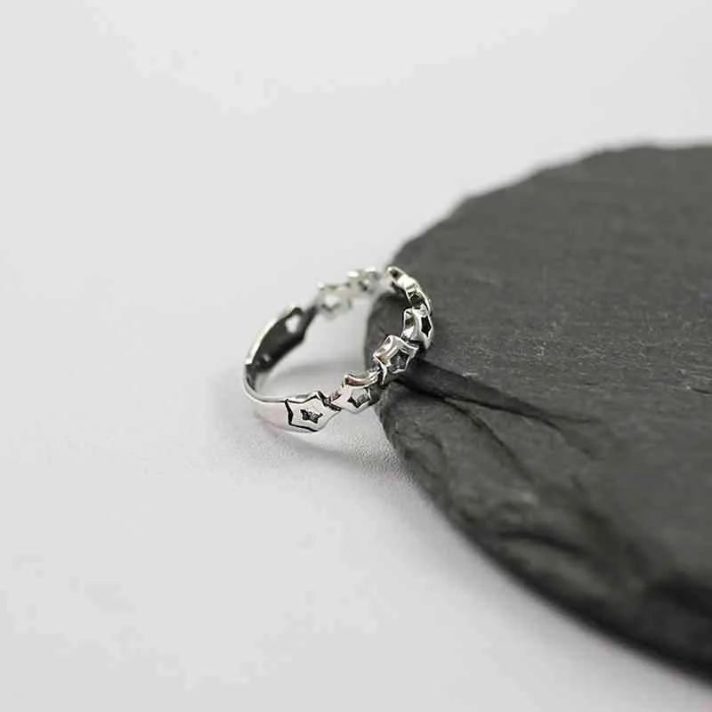 New Women Real 925 Sterling Silver Ring Open Adjustable Finger Ring with Stars Vintage Style Gift to Girls