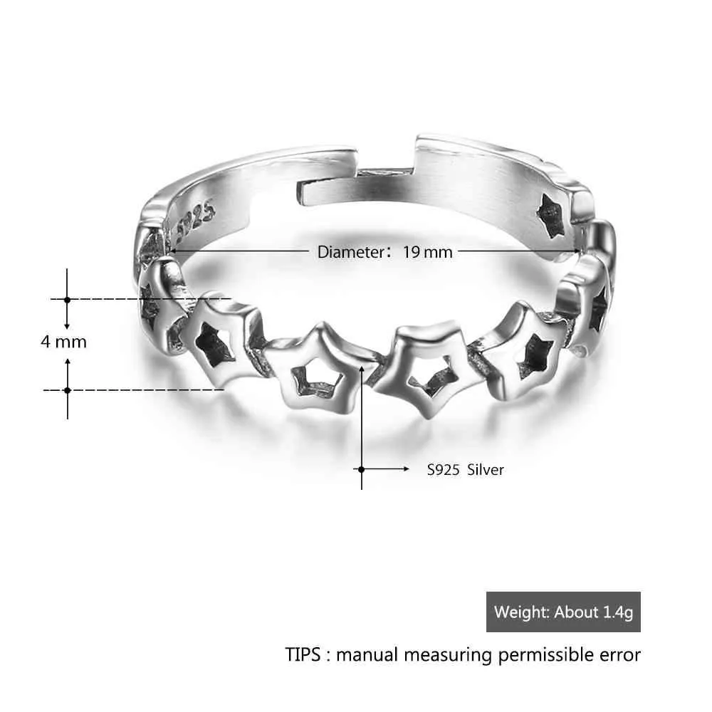 New Women Real 925 Sterling Silver Ring Open Adjustable Finger Ring with Stars Vintage Style Gift to Girls