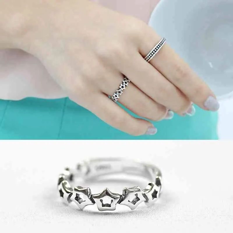 New Women Real 925 Sterling Silver Ring Open Adjustable Finger Ring with Stars Vintage Style Gift to Girls