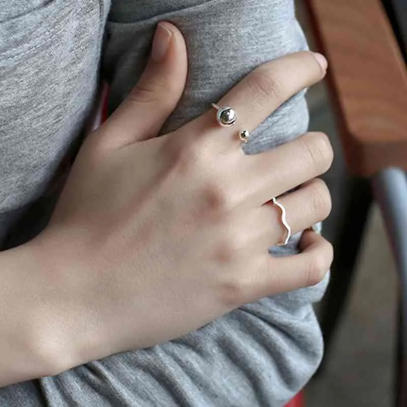 New Women Real 925 Sterling Silver Ring Open Cuff with Double Balls Shape Vintage Style Jewelry Accessories Gift