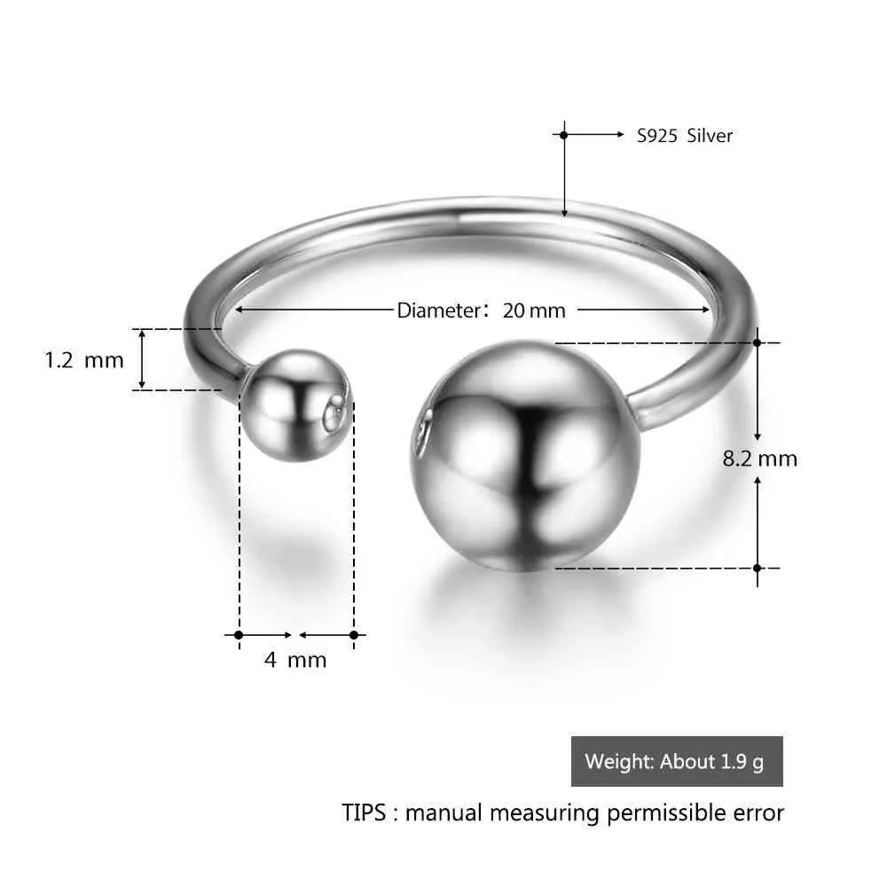 New Women Real 925 Sterling Silver Ring Open Cuff with Double Balls Shape Vintage Style Jewelry Accessories Gift