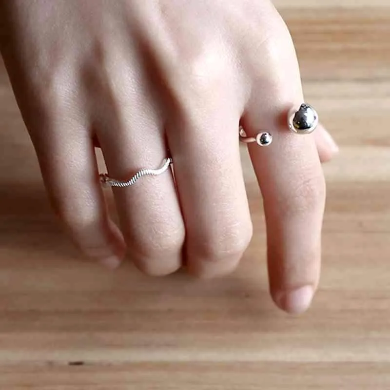 New Women Real 925 Sterling Silver Ring Open Cuff with Double Balls Shape Vintage Style Jewelry Accessories Gift