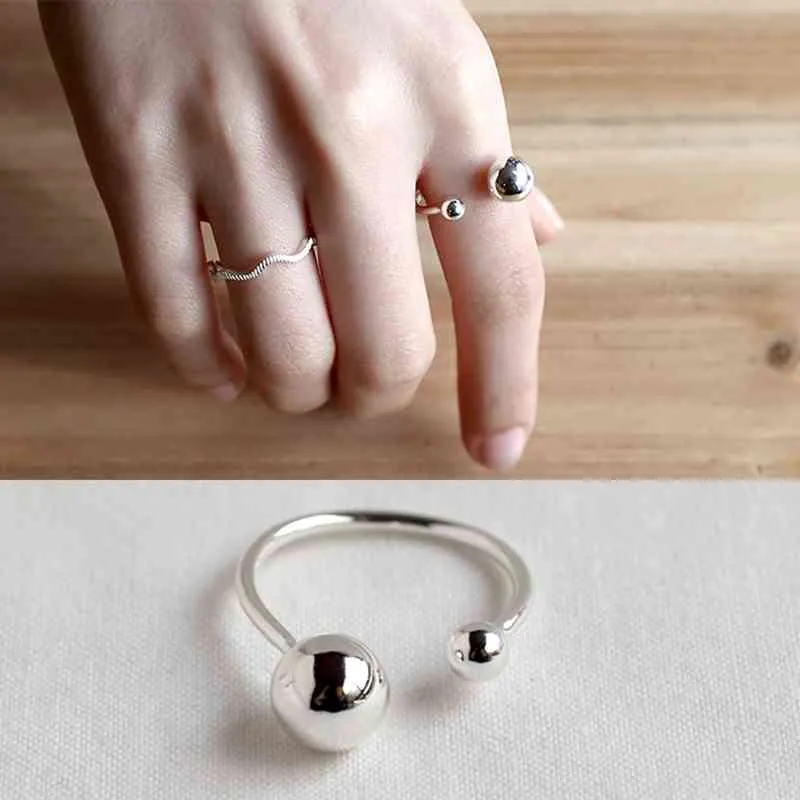 New Women Real 925 Sterling Silver Ring Open Cuff with Double Balls Shape Vintage Style Jewelry Accessories Gift