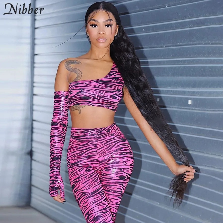 Nibber woman Zebra stripes One shoulder outfit bodycon club Wild activity Matching 2piece set street casual sportwear Basic suit
