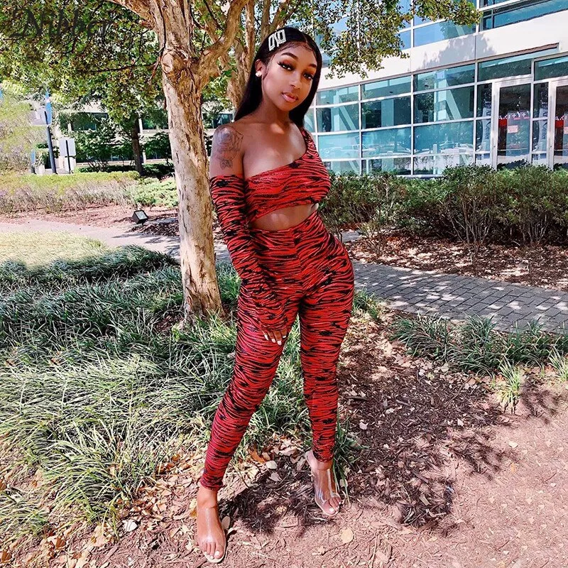 Nibber woman Zebra stripes One shoulder outfit bodycon club Wild activity Matching 2piece set street casual sportwear Basic suit