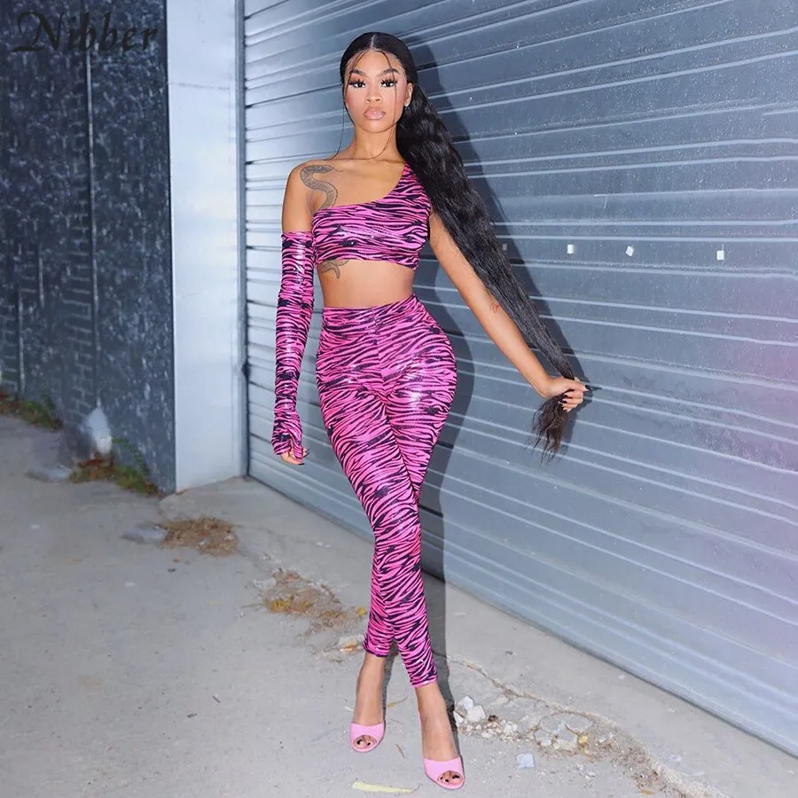 Nibber woman Zebra stripes One shoulder outfit bodycon club Wild activity Matching 2piece set street casual sportwear Basic suit