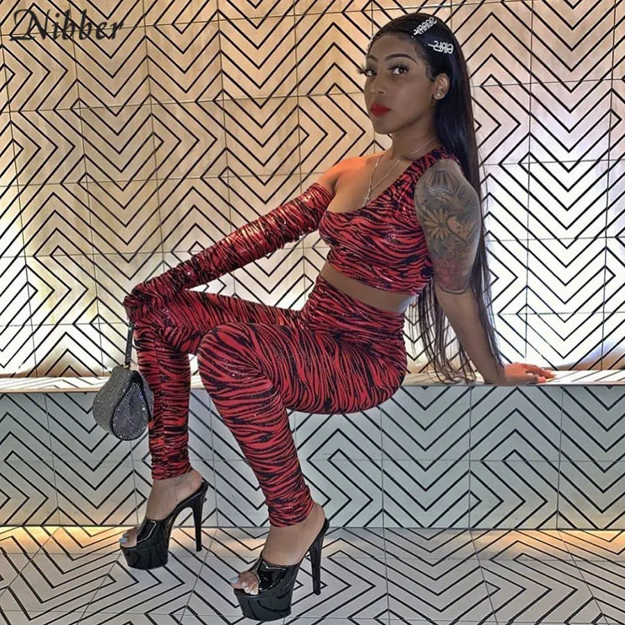 Nibber woman Zebra stripes One shoulder outfit bodycon club Wild activity Matching 2piece set street casual sportwear Basic suit