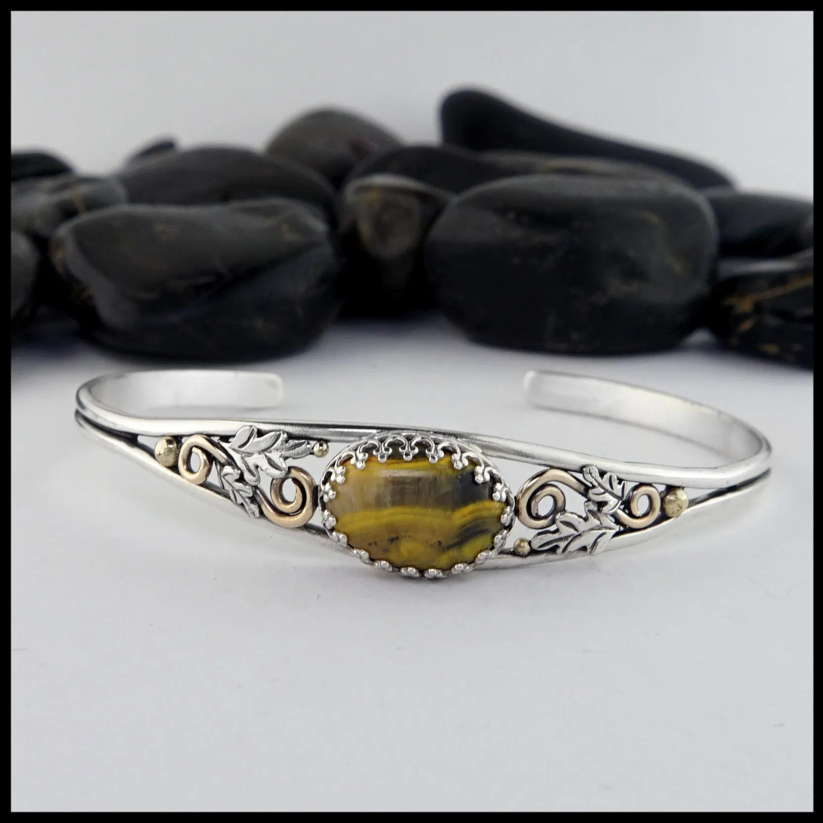 Oak Leaf Cuff Bracelet with Bumblebee Jasper