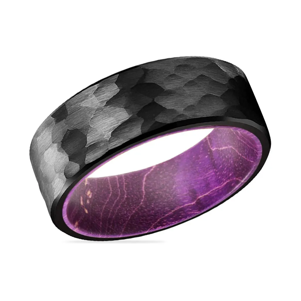 OBSIDIROYAL | Purple Wood, Black Tungsten Ring, Hammered, Flat