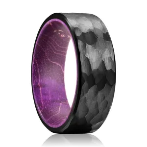 OBSIDIROYAL | Purple Wood, Black Tungsten Ring, Hammered, Flat
