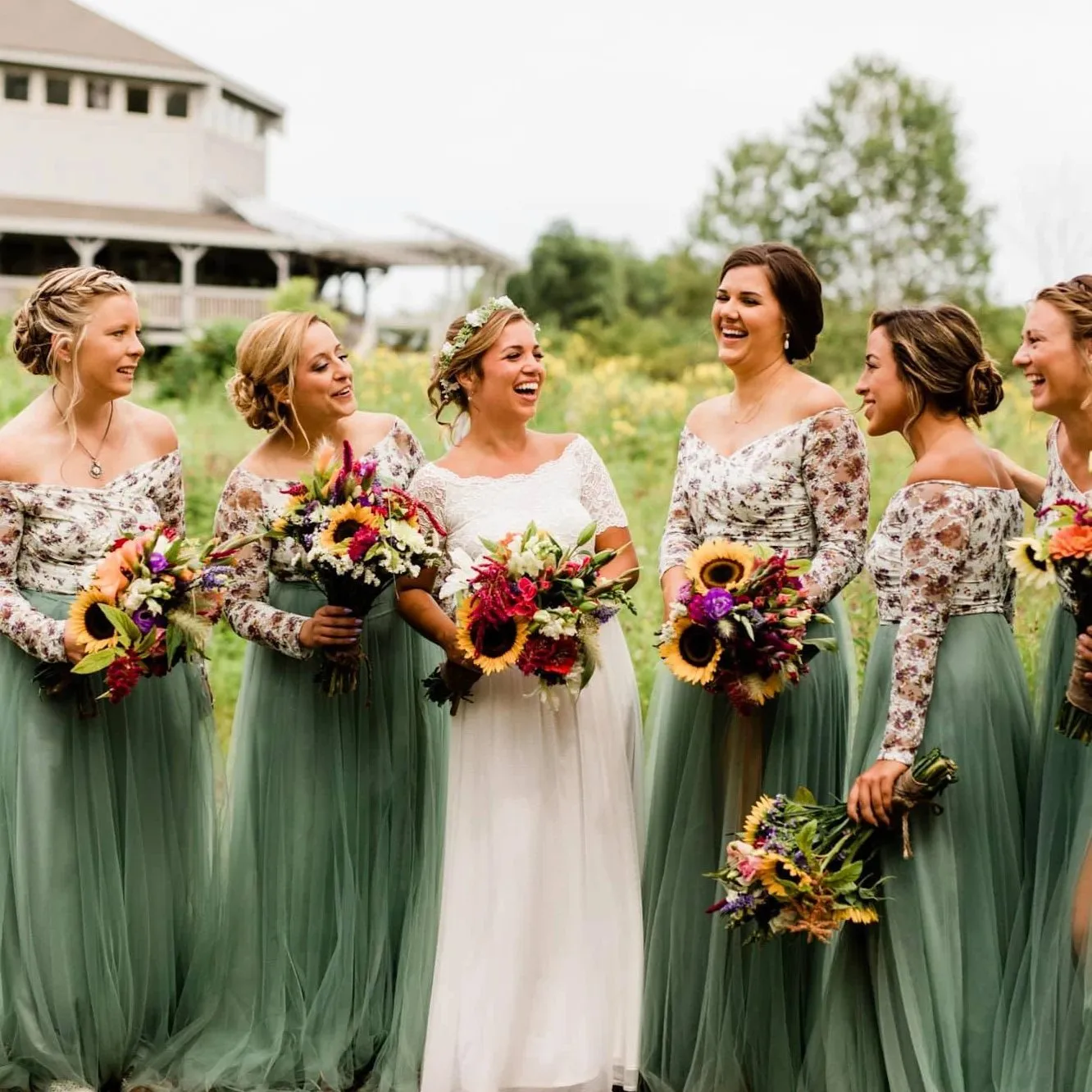 Off-Shoulder Floral And Champagne Tulle Dress  #1176