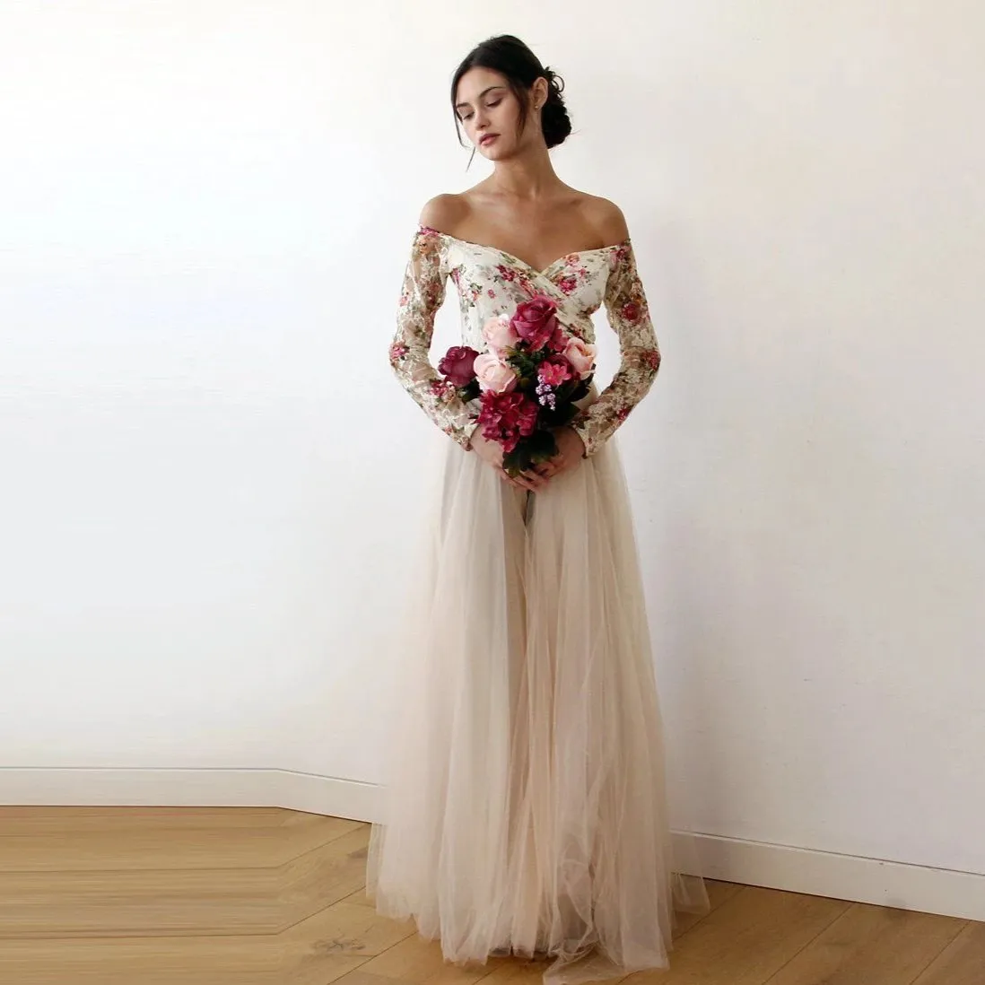 Off-Shoulder Floral And Champagne Tulle Dress  #1176