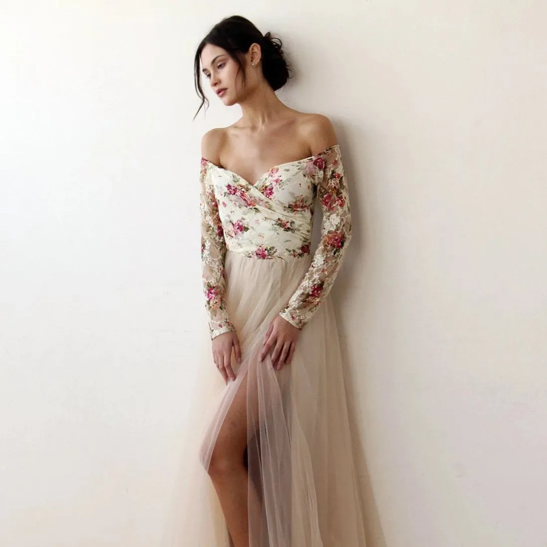 Off-Shoulder Floral And Champagne Tulle Dress  #1176