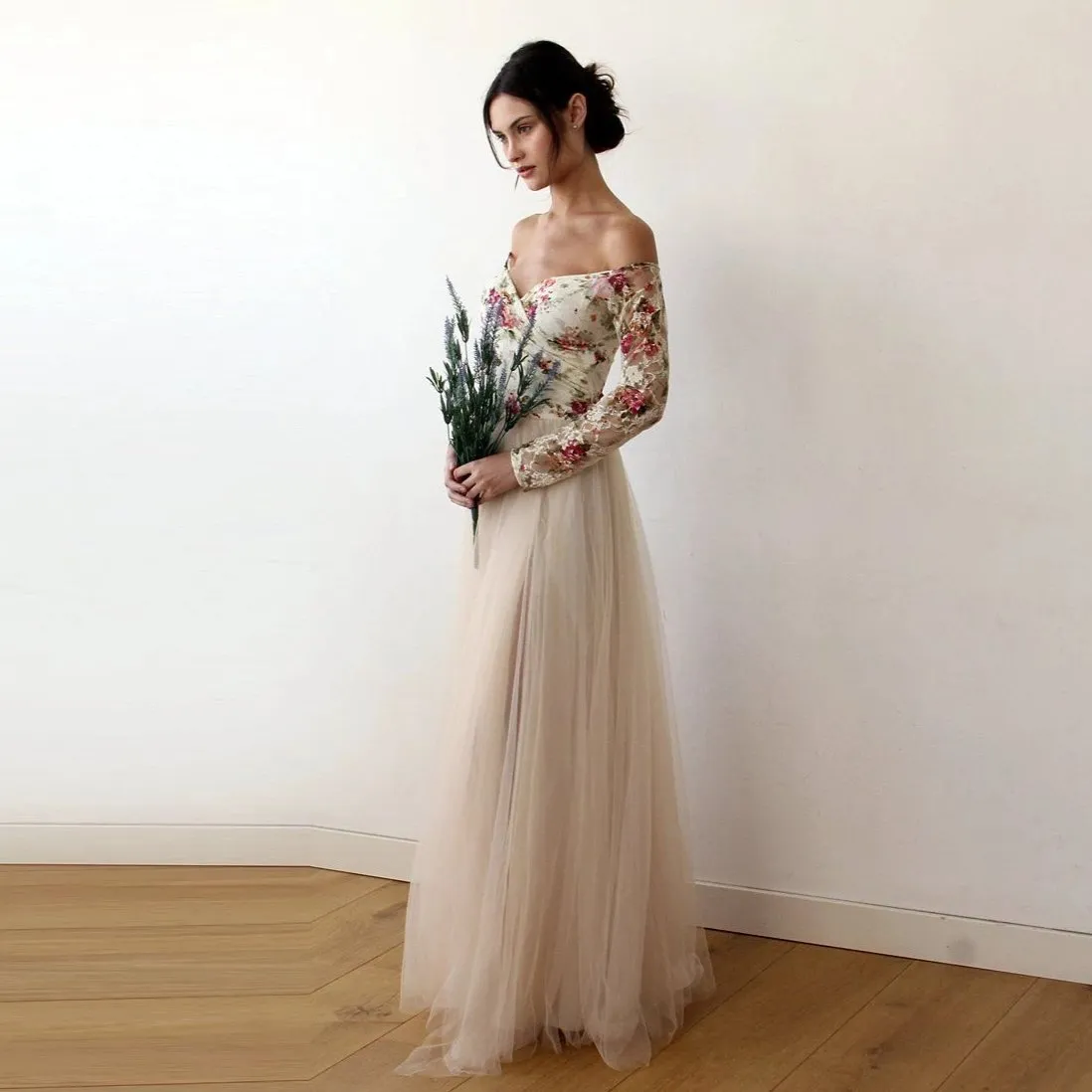 Off-Shoulder Floral And Champagne Tulle Dress  #1176