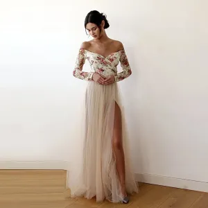 Off-Shoulder Floral And Champagne Tulle Dress  #1176